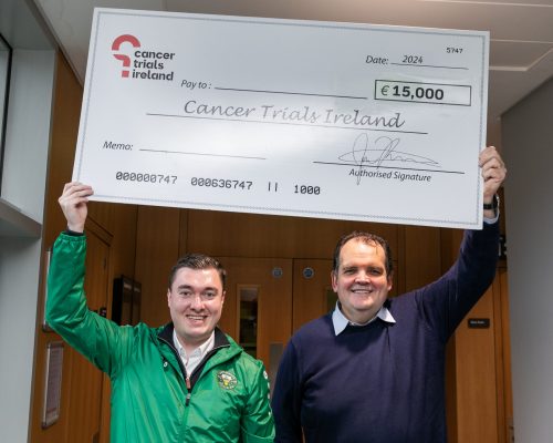 **NO FEE PIC**
10/07 /2024
L TO R 
Castleknock Celtic's David Cummins & Clinical Lead of Cancer Trials Ireland Prof Ray McDermott during a cheque presentation at St. Vincents Private Hospital, Dublin.
Photo: Gareth Chaney